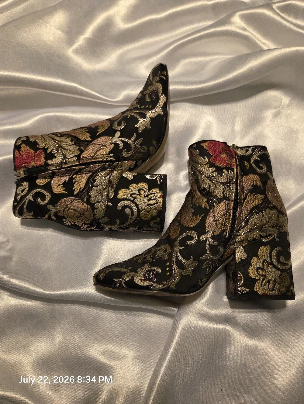 Sam Edelman Black Brocade Floral Ankle Boots with Gold and Pink Embroidery